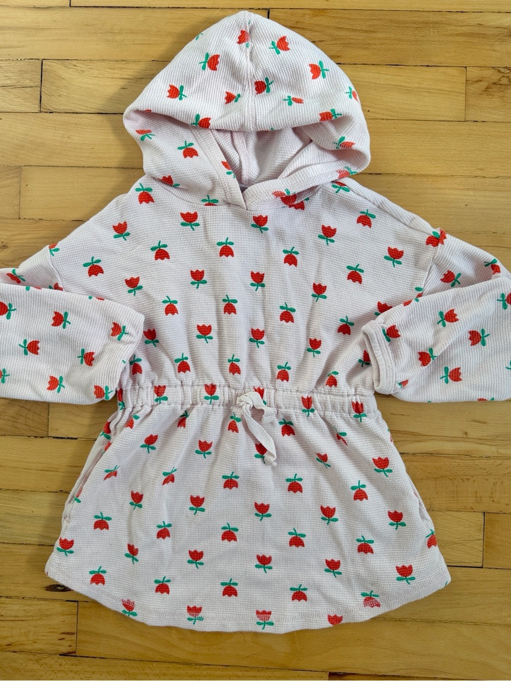 Hanna Andersson Light Pink Hooded Waffle Tunic with Red Tulip Print